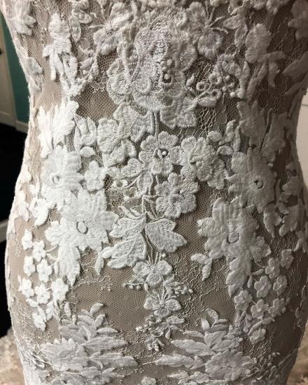 Sheath V Neck Straps Champagne Wedding Dress | Tulle White Lace Sleeveless Long Bridal Gown_4