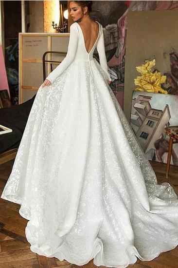 Elegantes weißes Spitzen-Hochzeitskleid mit V-Ausschnitt Boho Langarm-Applikationen Brautkleider_4
