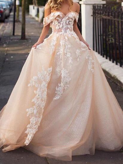 A-Line Wedding Dresses Jewel Lace Tulle Short Sleeve Bridal Gowns Bridal Gowns in Color Court Train