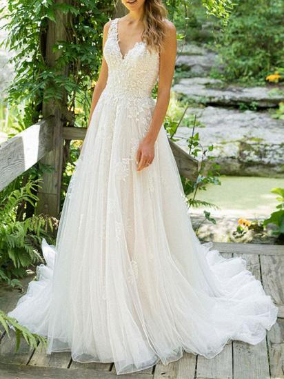 Sleeveless V Nevk White Tulle Lace Backless A-Line Wedding Dresses