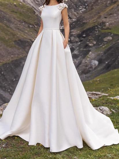 A-Line Wedding Dress Jewel Satin Cap Sleeve Bridal Gowns Simple with Sweep Train