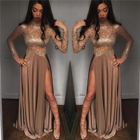 High Neck Champagne Gold Sexy Evening Dress Splits Long Sleeve Illusion Prom Dress 2022_3