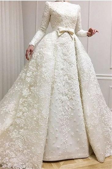 Luxury Beaded Lace-Applique Long-Sleeves Jewel Ball-Gown Wedding Dresses with Over-Skirt