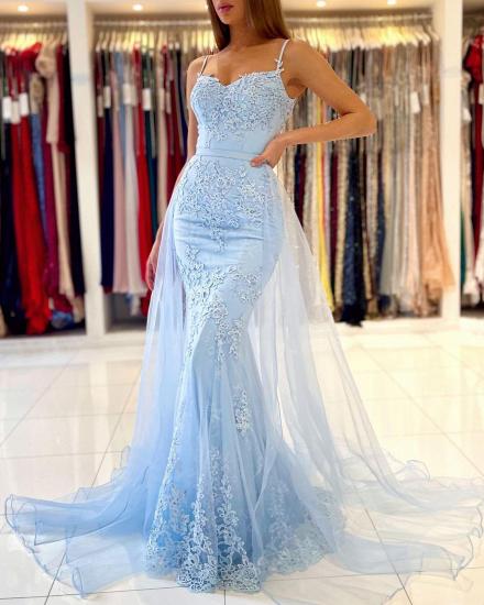 Charming Sky Blue Mermaid Maxi Evenign Dress with Floral Lace Appliques Detachable Train_5