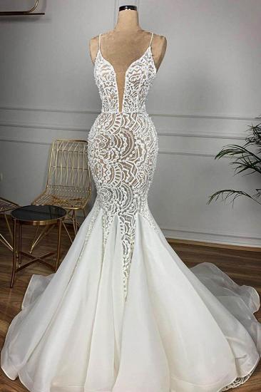 Luxury Spaghetti Strap Plugging V-neck White Sleeveless Mermaid Hollow Wedding Dress_1