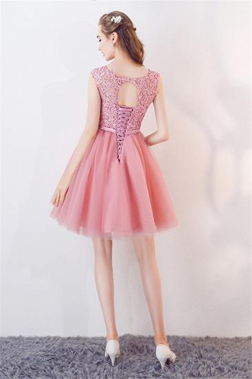 Tulle Short Sleeveless Lace Bowknot Pink Homecoming Dresses_2