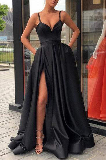 Alluring Black Spaghetti Strap Side Slit Prom Dresses | Sleeveless Evening Dresses with Pocket