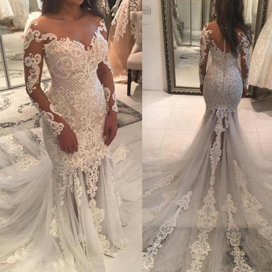 Mermaid Lace Appliques Sexy Tulle Wedding Dress | Long Sleeve Bride Dress With Long Train_3