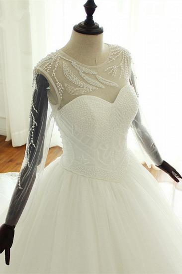 TsClothzone Stylish Jewel Long Sleeves Tulle Wedding Dress Pearls Lace Appliques Bridal Gown with Crystals On Sale_5