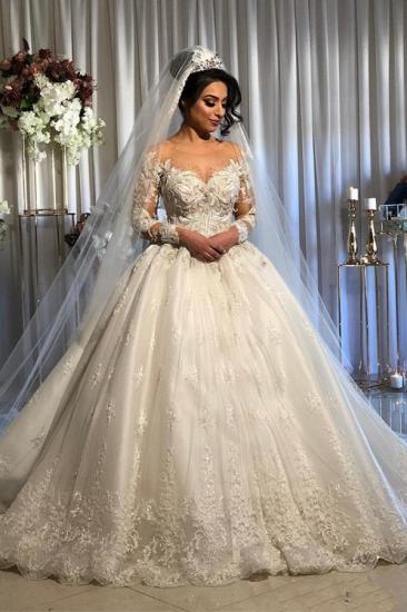 Appliques Beads Ball Gown Wedding Dresses | Sheer Tulle Long Sleeve Bridal Gowns_1