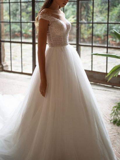 Plus Size A-Line Wedding Dress Off Shoulder Tulle Short Sleeve Bridal Gowns with Court Train_2