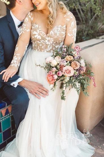 Tulle Long Sleeves Sweetheart Appliques Wedding Dresses_5