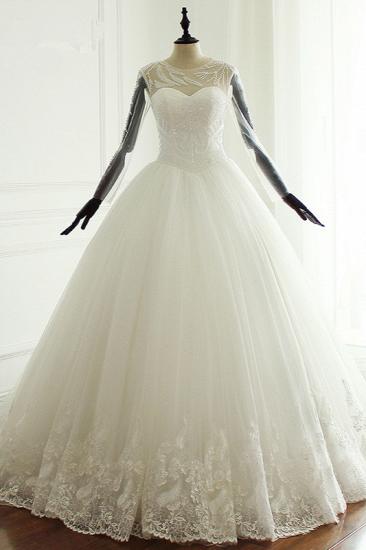 TsClothzone Stylish Jewel Long Sleeves Tulle Wedding Dress Pearls Lace Appliques Bridal Gown with Crystals On Sale