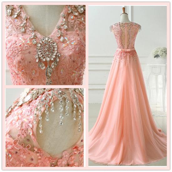 Pink V-Neck Crystal Lace Evening Dresses Sweep Train Zipper Charming 2022 Prom Dresses_1