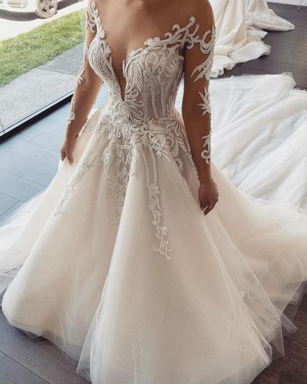 V-neck Off-the-shoulder Ivory Lace Appliques A-line Wedding Dresses_4
