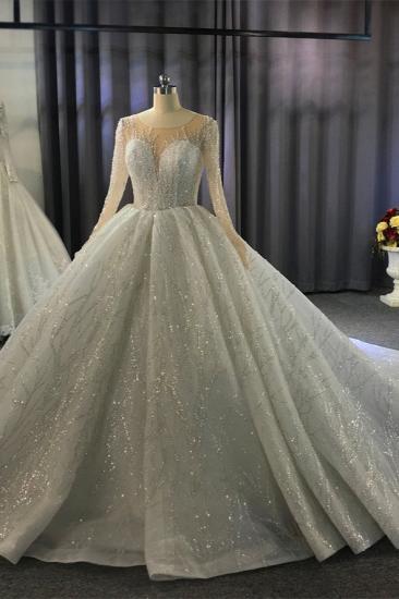 Glänzendes Duchesse-Tüll-Juwelen-Hochzeitskleid mit langen Ärmeln und Rüschen_9