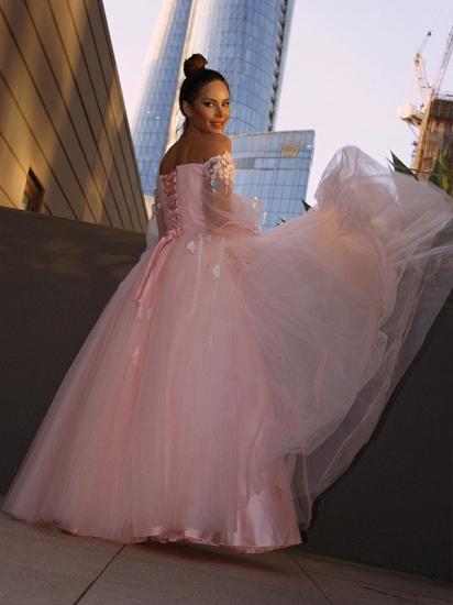 Pink puffy pricess tulle long sleeves floor lenth prom dress_3