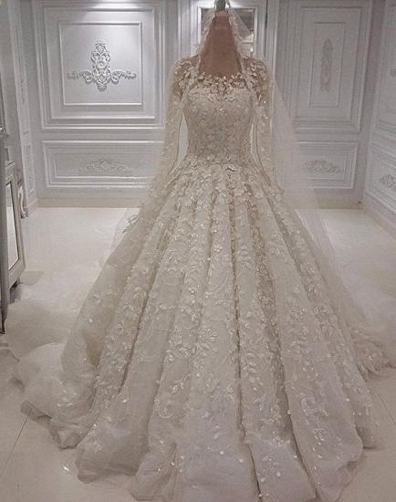 Gorgeous Crew Neck Long Sleeve Lace Appliques Wedding Bridal Dress|Elegant Ball Gown Sweep Train_1
