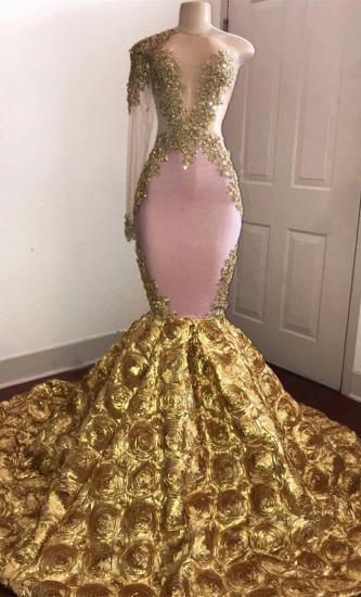 One Sleeve Mermaid Gold Floral Prom Dresses Cheap 2022 | Beads Lace Appliques Sexy Prom Gowns Cheap