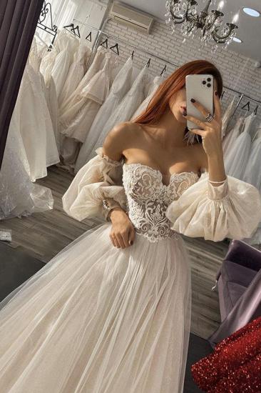 Charming Off the Shoulder Puffy Sleeves Aline Tulle Wedding Dress_1