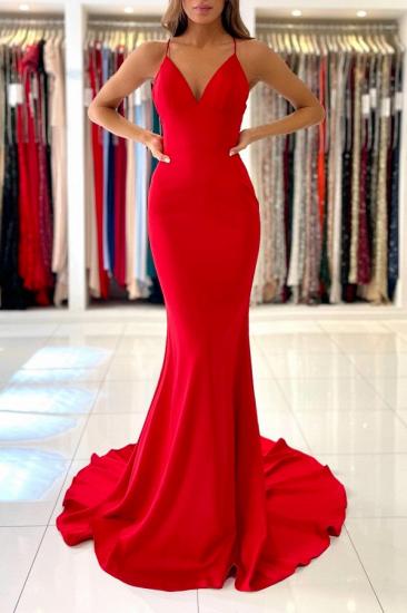Simple Red Spaghetti Strap V-Neck Mermaid Evening Dress | Cheap Red Mermaid Prom Dress_3