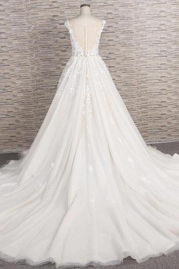 Elegantes A-Linien-Hochzeitskleid mit Juwelenträgern | Champgne-Tüll-Brautkleider mit Applikationen_3