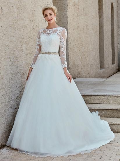 Beautiful Ball Gown Wedding Dress Bateau Lace Tulle Long Sleeves Bridal Gowns with Chapel Train_4