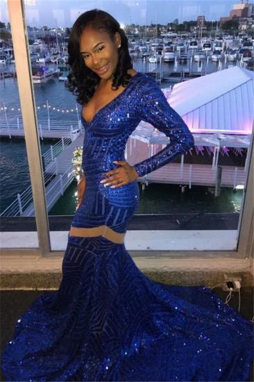 Sexy Deep-V-Neck Royal Blue Prom Dresses 2022 Mermaid Long Sleeves Evening Gowns_1