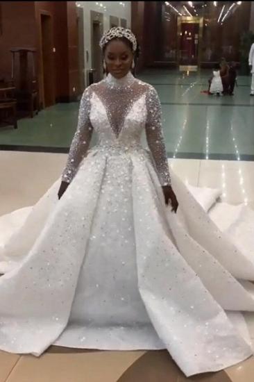 Gorgeous Sparkling Crystal Beads Ball Gown Wedding Dresses | High Neck Long Sleeve Bridal Gowns_1