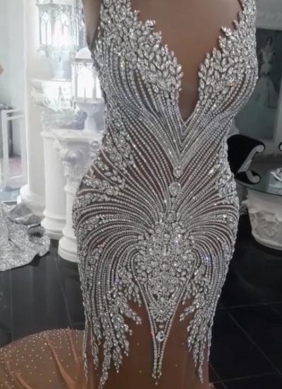 Luxus Kristalle Meerjungfrau Brautkleider | Champagnerfarbene Brautkleider mit V-Ausschnitt und Rückenfreiheit