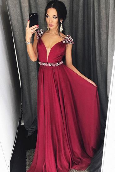 Cap Sleeves Crystals Burgundy Evening Dresses 2022 Chiffon V-neck Sexy Prom Dress with Belt_1