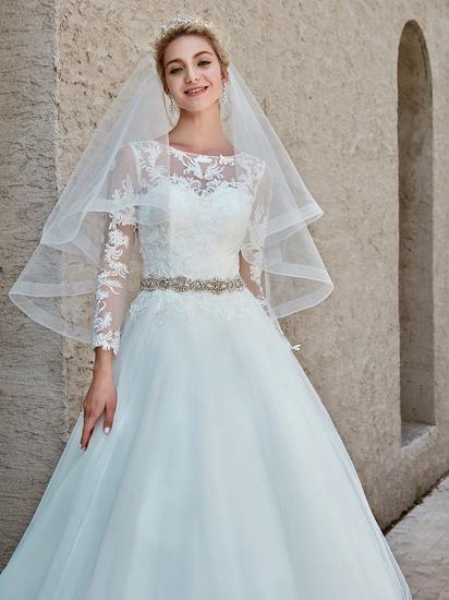 Beautiful Ball Gown Wedding Dress Bateau Lace Tulle Long Sleeves Bridal Gowns with Chapel Train_14