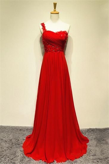 Chiffon Red One Shoulder Flowers Long Evening Dress Sweep Train Inexpensive Ruffle Zipper Prom Dresses for Women