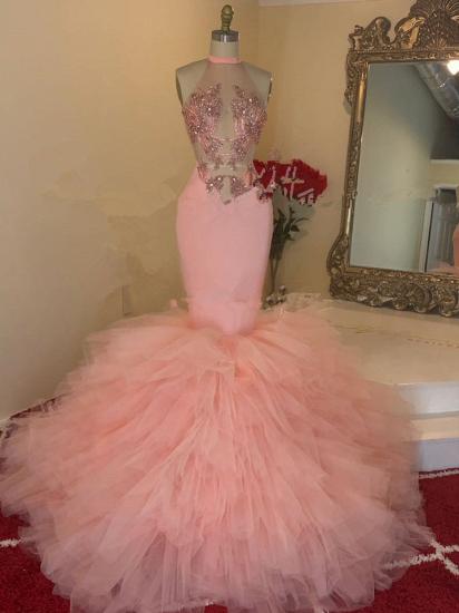 Pink mermaid feathers sleeveless prom dress_2