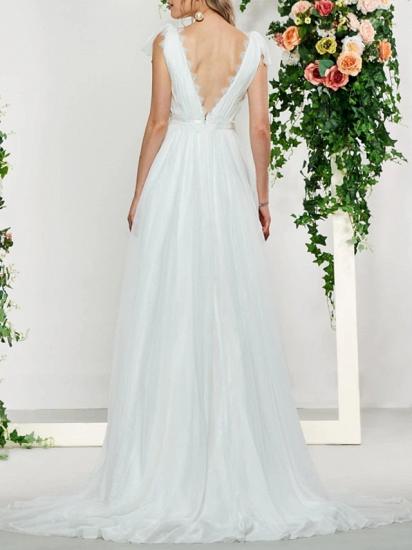 Sexy Backless A-Line V-neck Wedding Dress Lace Tulle Sleeveless Bridal Gowns with Sweep Train_2