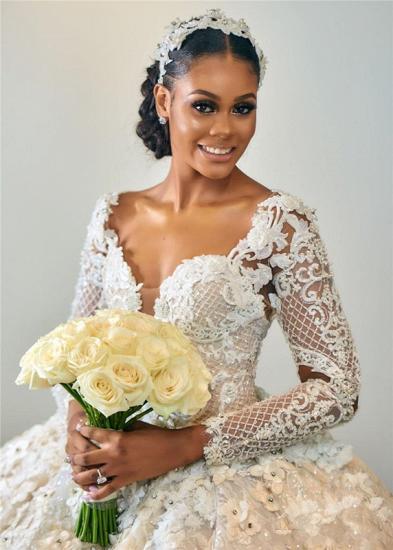 Gorgeous Beading Appliques Ball Gown Wedding Dress | Long Sleeve Floral Feather Bridal Gown_3