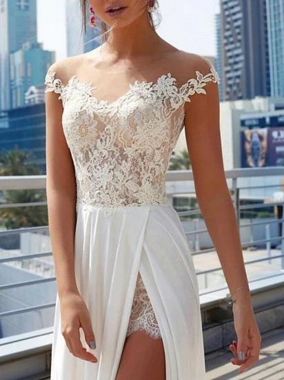 Boho A-Line Wedding Dress Off Shoulder Lace Satin Cap Sleeve Formal Plus Size Bridal Gowns Sweep Train_3