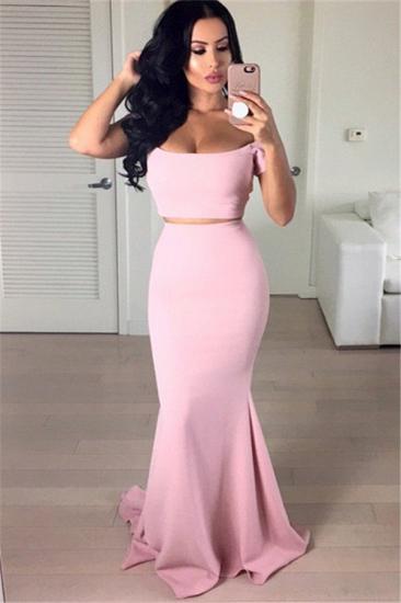 Off The Shoulder Pink Evening Dresses Short Sleeve Two Piece Mermaid Slinky Prom Dress