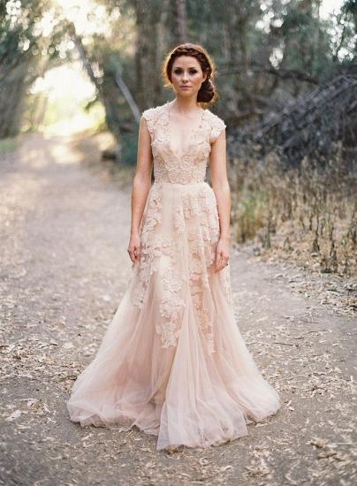 A-Line Sexy Deep V-Neck Tulle Long Wedding Dress Applique Cheap Popular Pink Bridal Gowns CJ0302_1