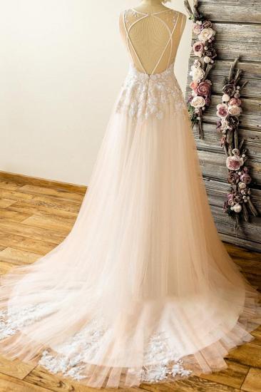 Affordable Straps V-neck Champagne Wedding Dress | A-line Applique Tuelle Bridal Gowns_3