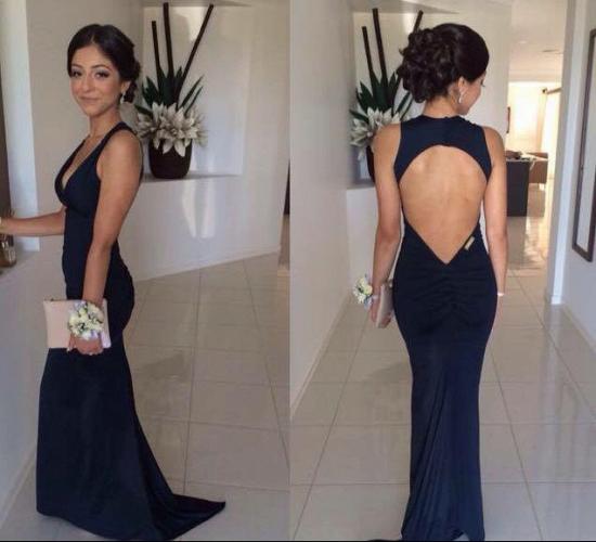 Simple V-Neck Black Summer Beach Evening Dress Open Back Mermaid Cheap Party Gowns_3