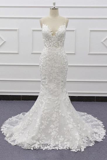 Schicke Spaghetti-Träger Ärmelloses Meerjungfrau-Hochzeitskleid | Brautkleider aus weißer Spitze mit Applikationen