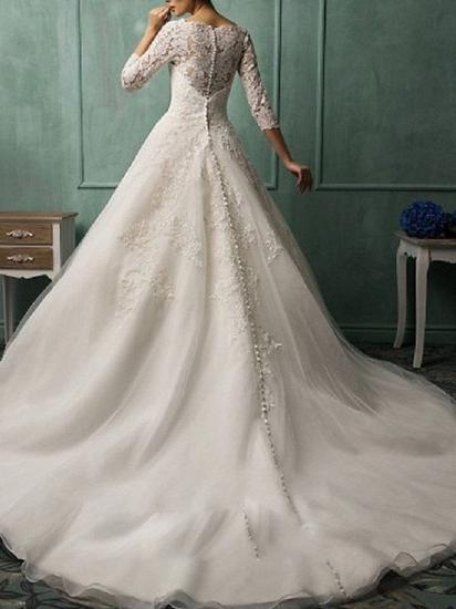 Illusion A-Line Wedding Dress Bateau Lace 3/4 Length Sleeve Bridal Gowns Court Train_2