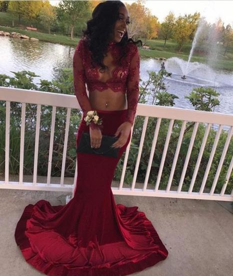 2022 Sexy Mermaid Two Pieces Prom Dresses Long Sleeves High Neck Evening Gowns_3