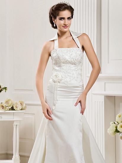 Affordable Mermaid Halter Wedding Dress Satin Sleeveless Bridal Gowns with Court Train_5