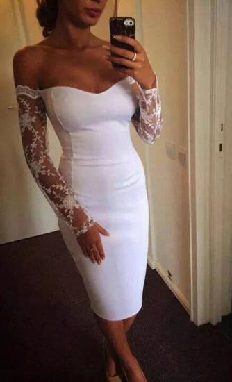 Weißes, herzförmiges, langärmliges Cicktail-Kleid, knielanges Spitzen-Abendkleid
