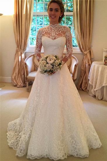 2022 High Neck Lace Open Back Wedding Dress Vintage Long Sleeves Bridal Gown with Bow_1