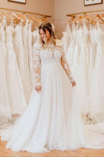 Charming White Floral Lace Tulle Plus Size Bridal Dress with Long Sleeves