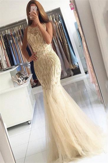 Beaded Crystals Mermaid Tulle Sexy Evening Gown Champagne Affordable Prom Dress_2