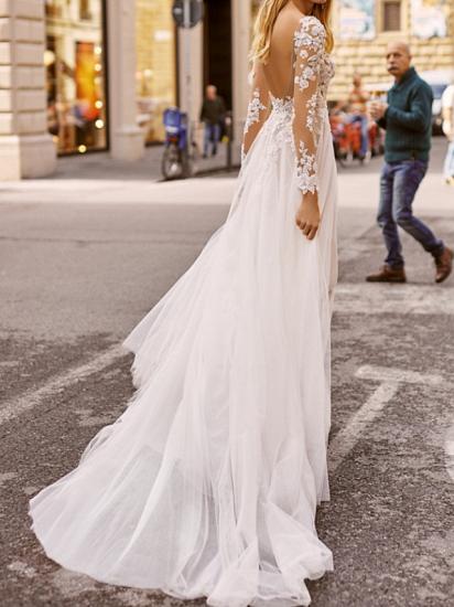 Beach  Boho A-Line Wedding Dress V-neck Lace Tulle Long Sleeve Sexy See-Through Bridal Gowns_2